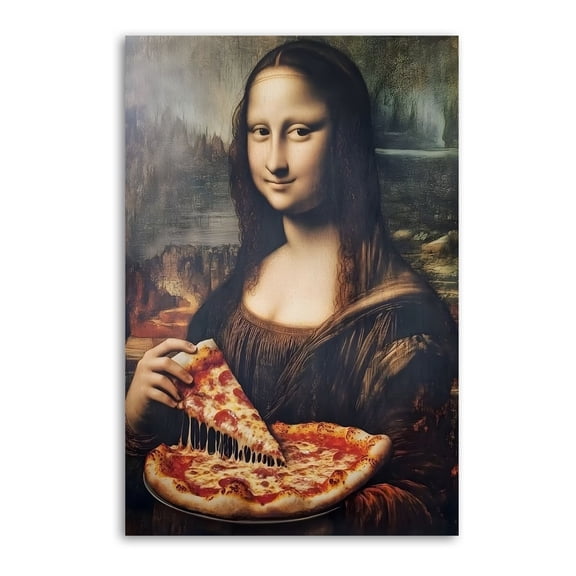 Funny Mona Lisa Eating Pizza Poster Decorative Painting Canvas Wall Art Living Room Posters Bedroom Painting 16x24inch(40x60cm)