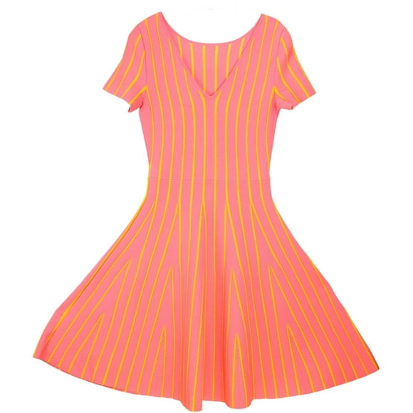 Carolina Herrera Women's Coral Multi Bateau Neck Short Sleeve Fit and Flare Dress - L