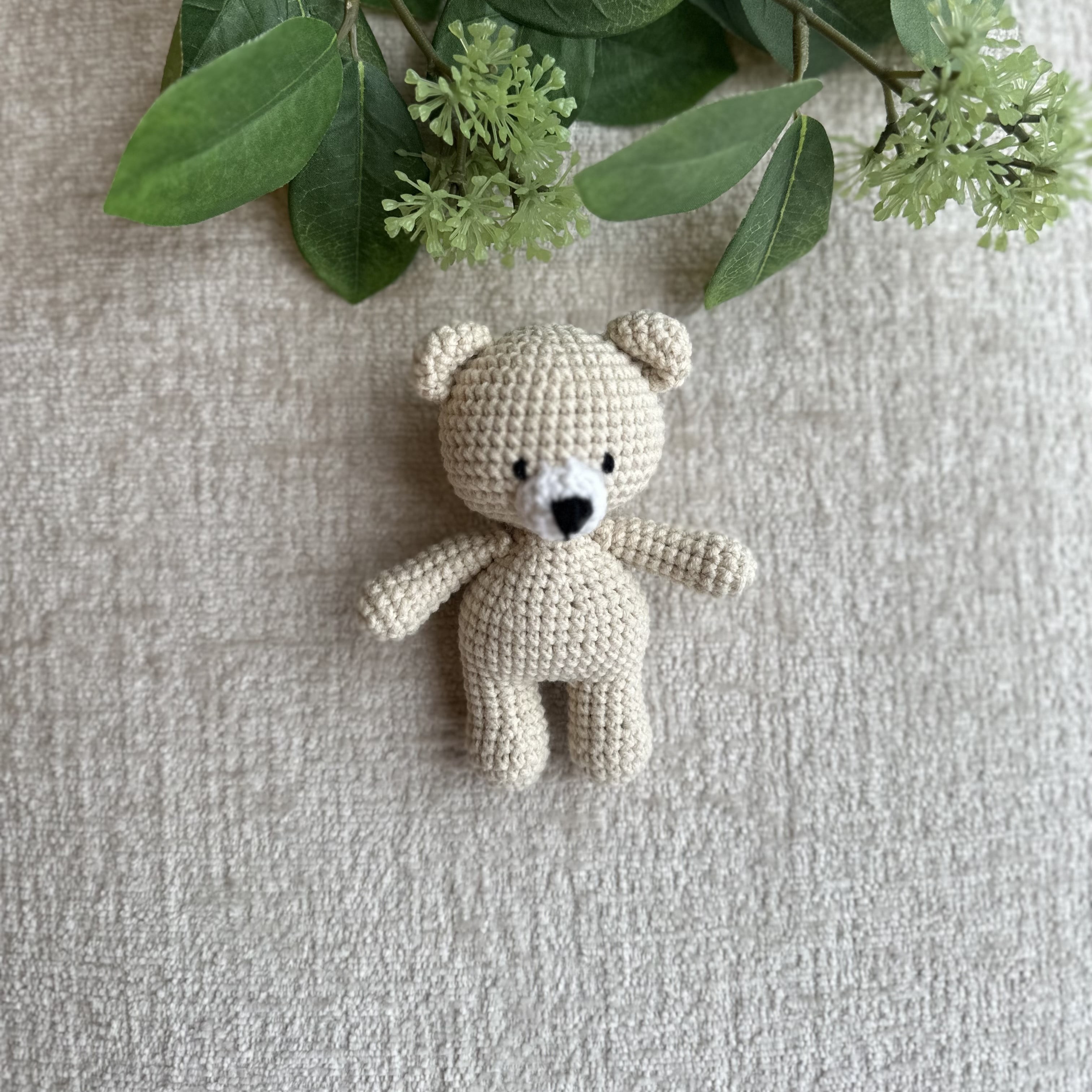 Organic Cotton Handmade Crotchet Bear Rattle, Toy, teether and Pacifier Holder Baby Shower/Birthday Gift Set., Small, Beige