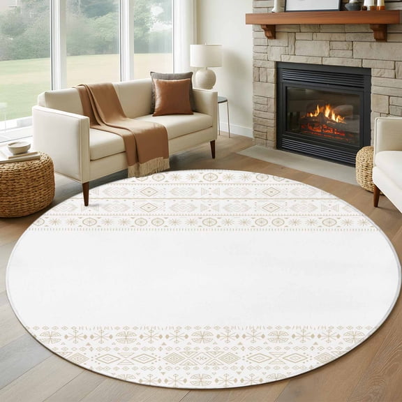 Beige White Boho Round Rug 5ft Washable Circle Kitchen Rugs Non Slip Vintage Ethnic Tribe Abstract Art Large Area Rug Indoor Floor Carpet for Bedroom Living Room Home Office Dining Room Nursery