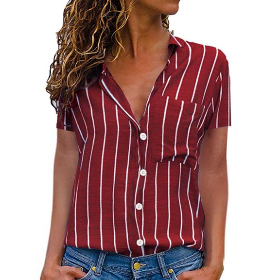 LIJCC Women'S Striped Button Up Short Sleeve Tops V Neck Casual Work Shirt Women'S Stripes Button Down Shirts Short Sleeve Tops V Neck Casual Work Blouses