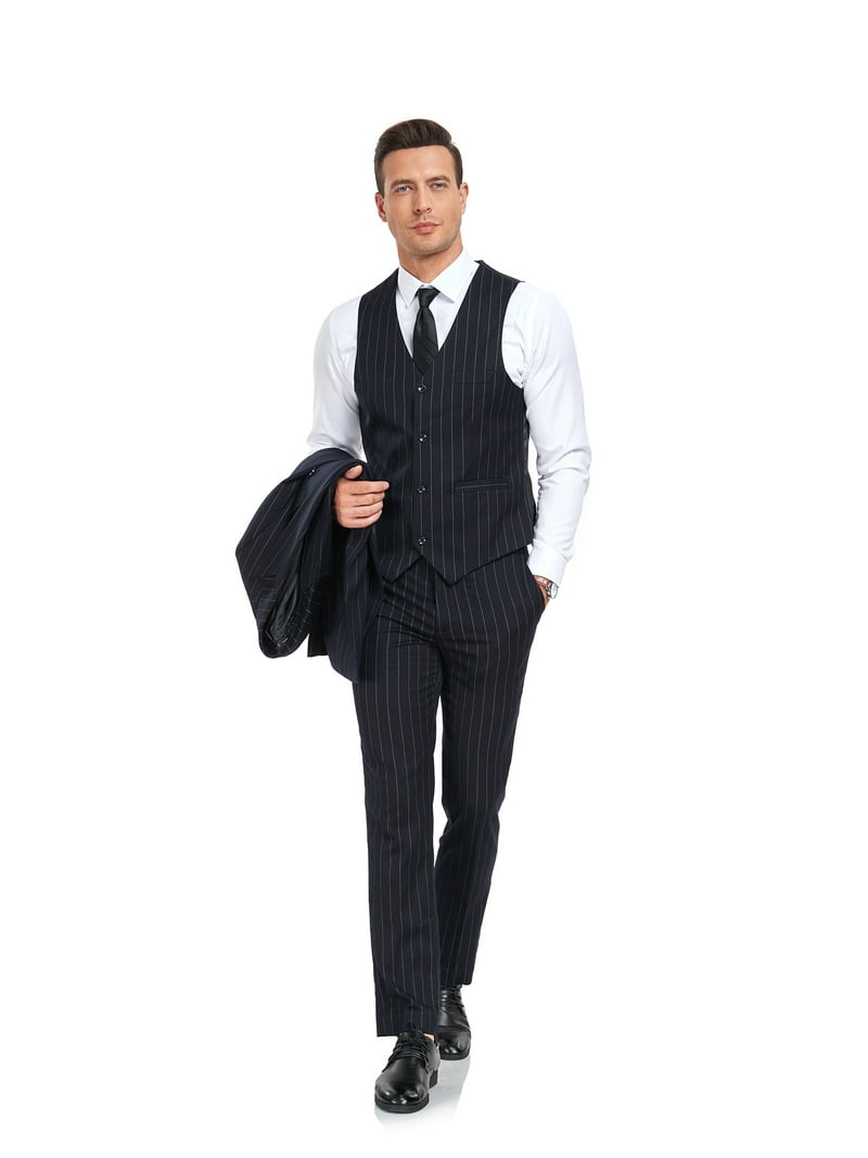 ETHAN 1920s Mens Clothing Navy Blue Piece Pinstripe Slim Fit