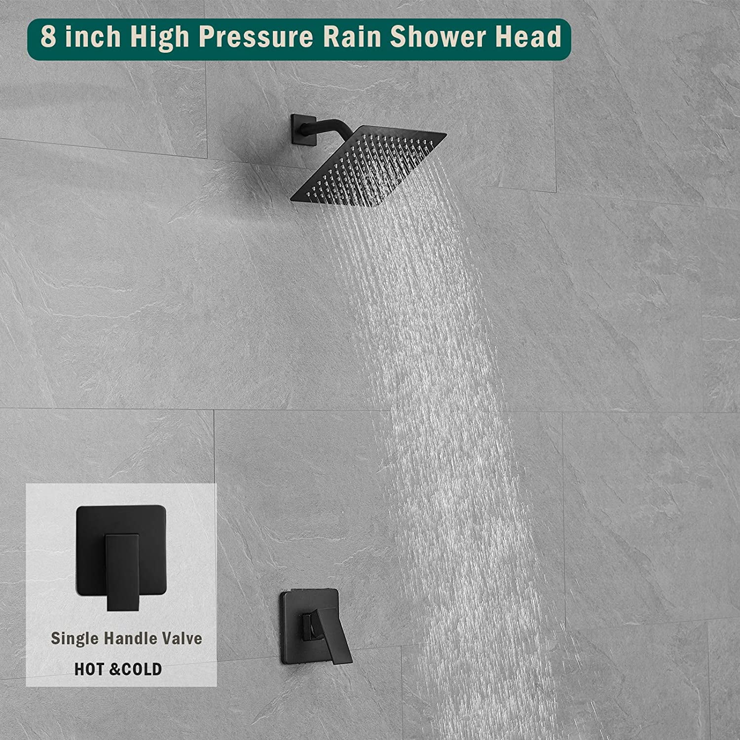 Matte Black Shower Faucet Set Bathroom Rainfall Mixer 8 Inch Shower Head System Single Handle Shower Trim Kit with Valve