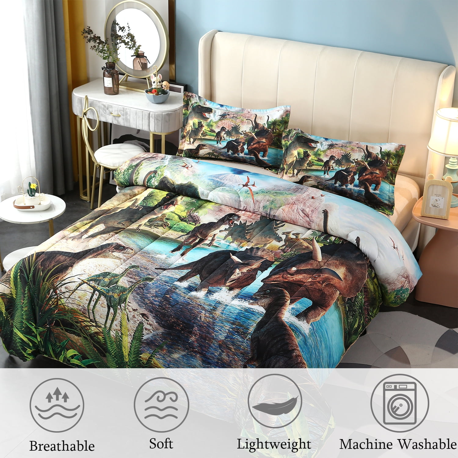 URBONUR Dinosaur Boys Bedding Set Twin Size 3D Digtal Dinosaur Print Comforter Set with Pillowcases, 3 Pieces Soft Reversible Bed Sets for Toddlers/Teens