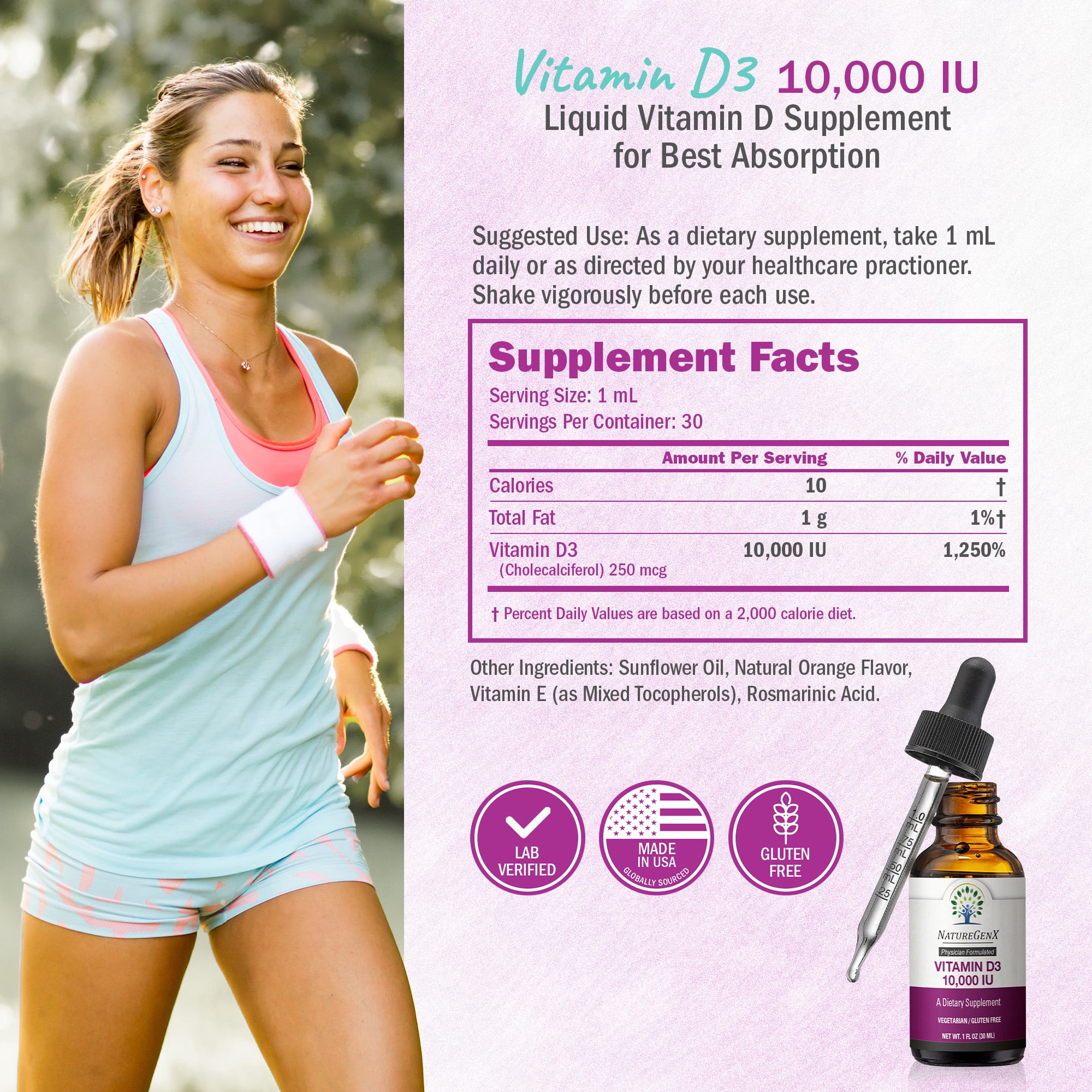 NatureGenX Vegan Vitamin D3 Liquid Drops – 10,000 IU Plant-Based Supplement for Immune Support & Bone Health – Non-GMO, Gluten-Free, Orange Flavor – 30ml (30 Servings)