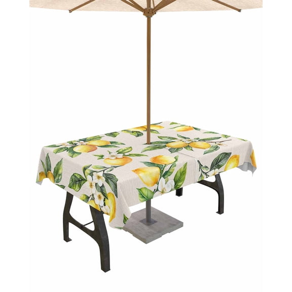Outdoor Tablecloth with Umbrella Hole for Patio/Picnic/Party/Camping, Spring Lemon Waterproof Table Cloth Rectangle Table Cover Washable, Vintage Rustic Botanical Flowers Leaves 52"x 70"
