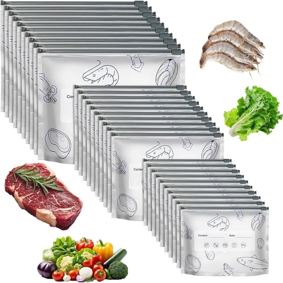 NOGIS 30pcs Reusable Aluminum Foil Sealable Storage Bags, Upgrade Reusable Aluminum Foil Storage Bags, Stand Up Foil Sealable Bags for Vegetable Fruit Meat (S M L)