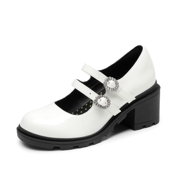 DREAM PAIRS Zapatos Mary Jane para Niñas con Tacón Grueso y Doble Correa en Blanco