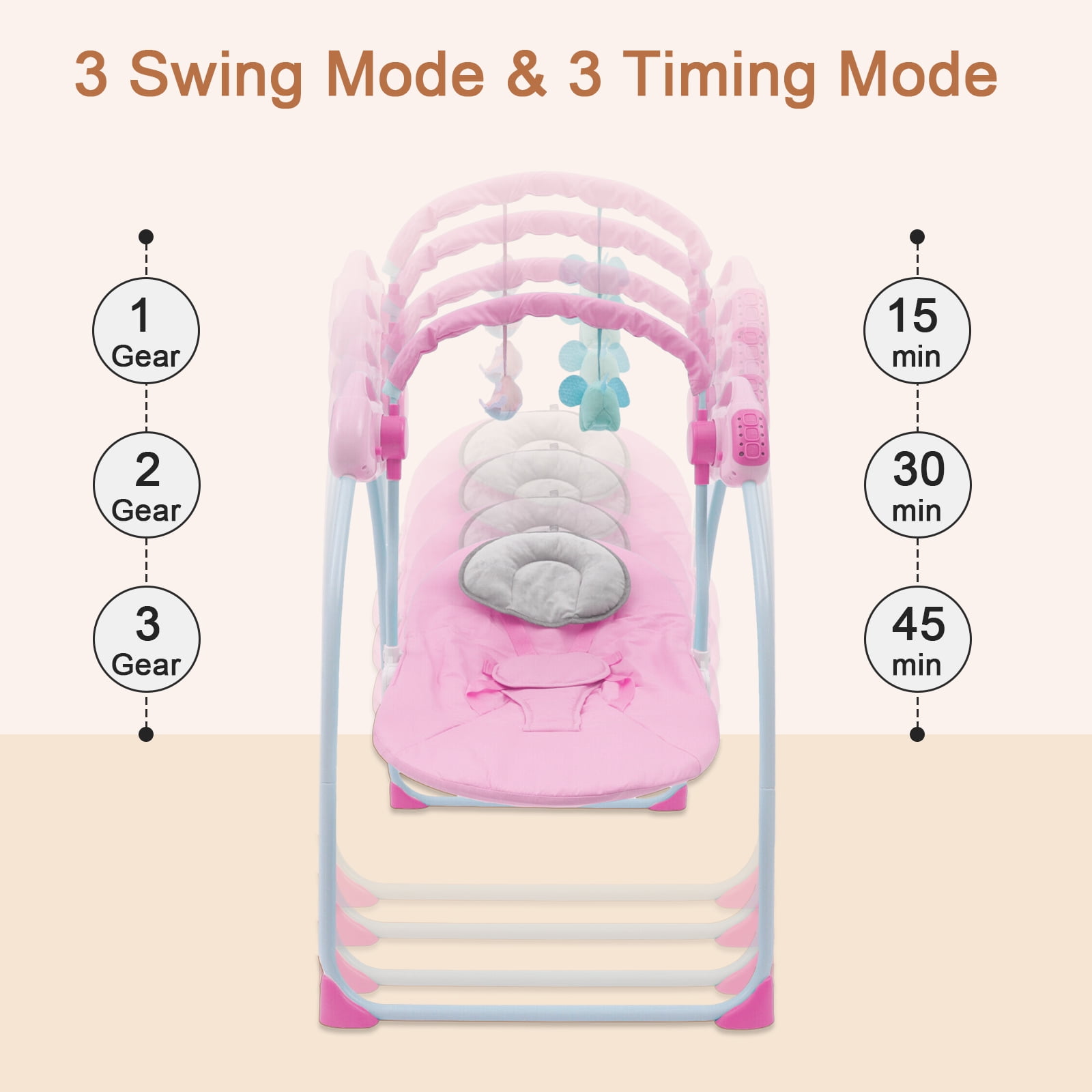 SLLINGLUO Folding Baby Swing, Bluetooth Infant Swing with Music and Toys, Baby Swing with 5-Point Harness, Pink