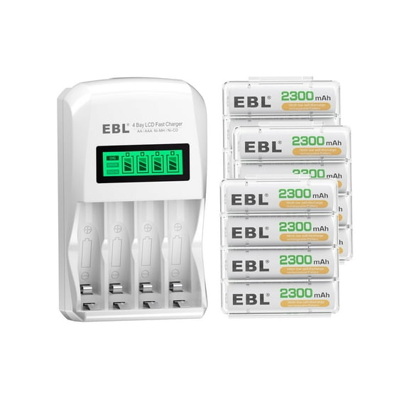 EBL Rechargeable AA Batteries with LCD Battery Charger, 12 Pack of 2300mAh 1.2v Ni-MH AA Rechargeable Battery and Smart Independent Slot Battery Charger