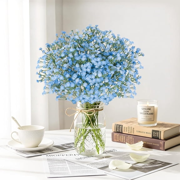 HonestMatter Blue Fake Flowers, Artificial Babys Breath Gypsophila Bouquet with Silk Ribbon, Real Touch Faux Floral for Wedding Home Vase Centerpieces, 1 Piece