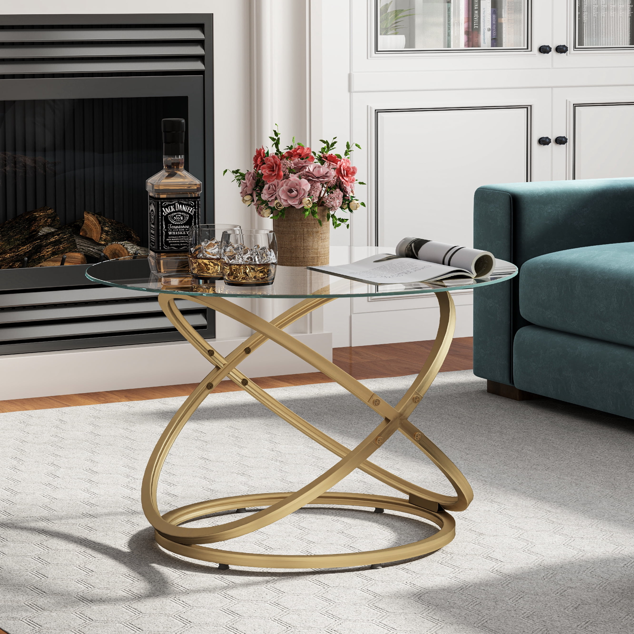 ASYA Modern Glass Coffee Table, 32'' Round Center Table with Metal Frame, Gold Accent Table for Living Room Office