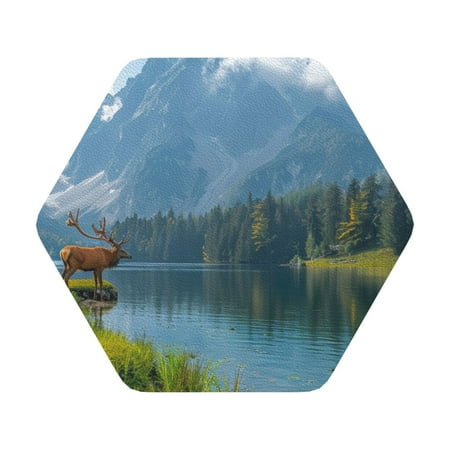 

Pofeuu Majestic Deer Mountain Lake Print Leather Coasters Set of 6 Round Cups Mugs Mat Pad for Home Kitchen Heat Resistant Drink Coasters Hexagon