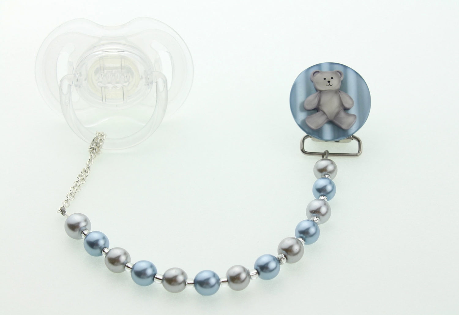 Teddy Bear with Simulated Pearls Pacifier Clip