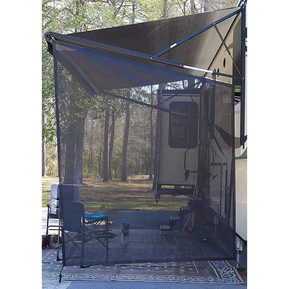 EXCELFU Auvent de VR Pare-Soleil 9'X7' - Auvent de VR Pare-Soleil Latéral Écran en Maille Noir Pare-Soleil Bloqueur de Soleil UV Ensembles Complets pour Autocaravane Roulotte Auvent Latéral Auvent de VR