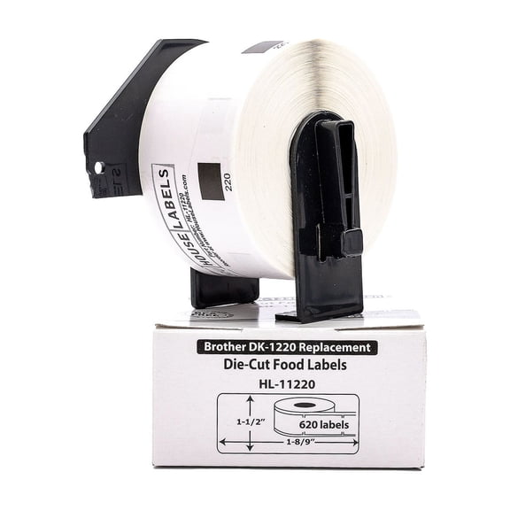 HOUSELABELS Compatible with DK-1220 Replacement Roll for Brother QL Label Printers; 620 Food Labels; 1-1/2" x 1-8/9" (39mm*48mm) with 1 REUSABLE CARTRIDGE - 1 Roll