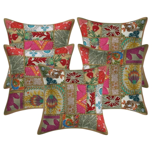 Stylo Culture Ethnic Cotton Living Room Throw Pillow Covers Khaki 12 x 12 Bohemian Vintage Patchwork Ethnic Sofa Cushion Covers 30x30 cm Decorative Abstract Square Pillow Cases | Set Of 5