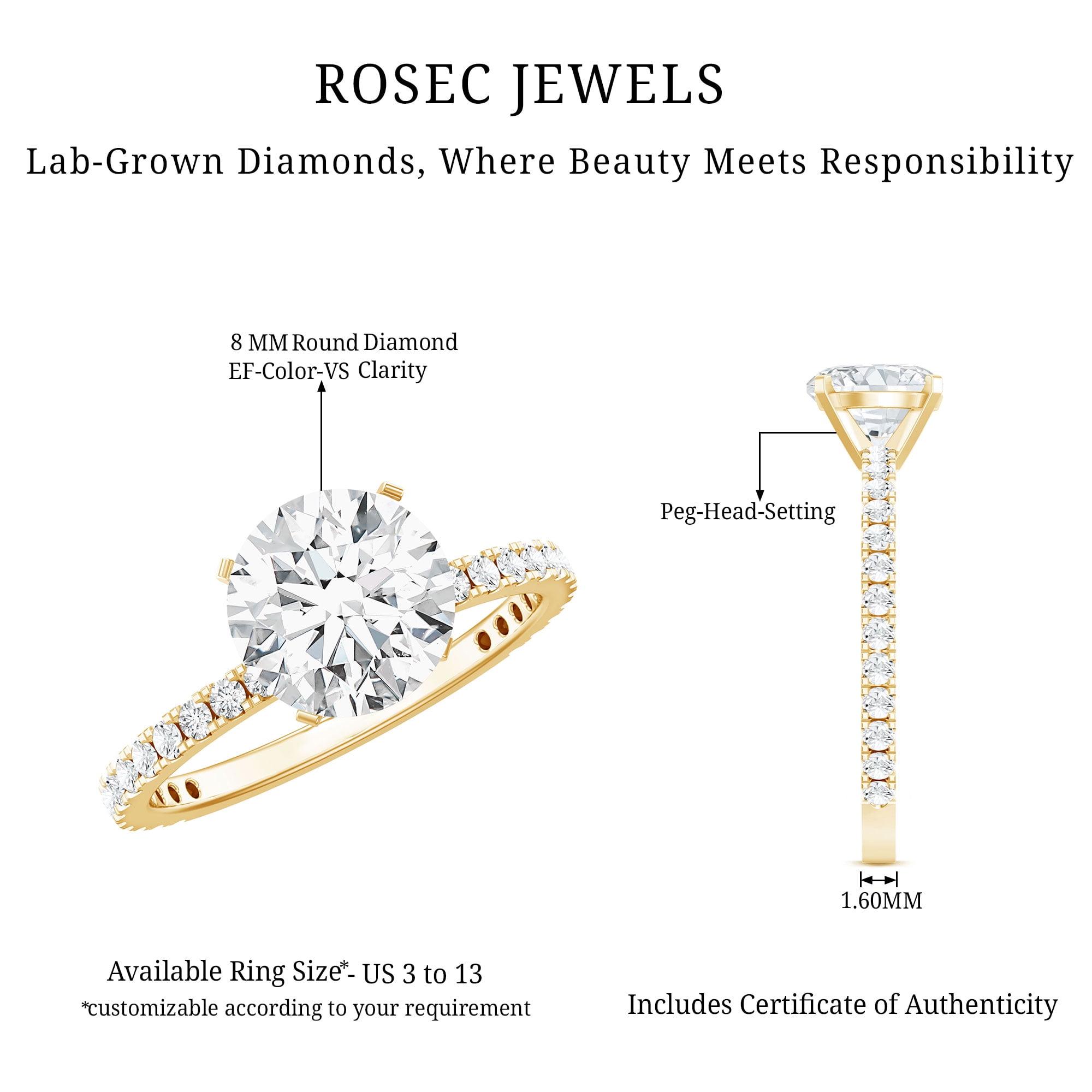 Rosec Jewels Lab Grown Diamond Solitaire Engagement Ring for Women - 2 ct - EF-VS Quality, 10K Yellow Gold, US 10.50