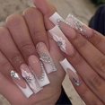 thumbnail image 1 of French Tip Nails Square Press on Nails Long Fake Nails with 3D Flowers White, 1 of 5