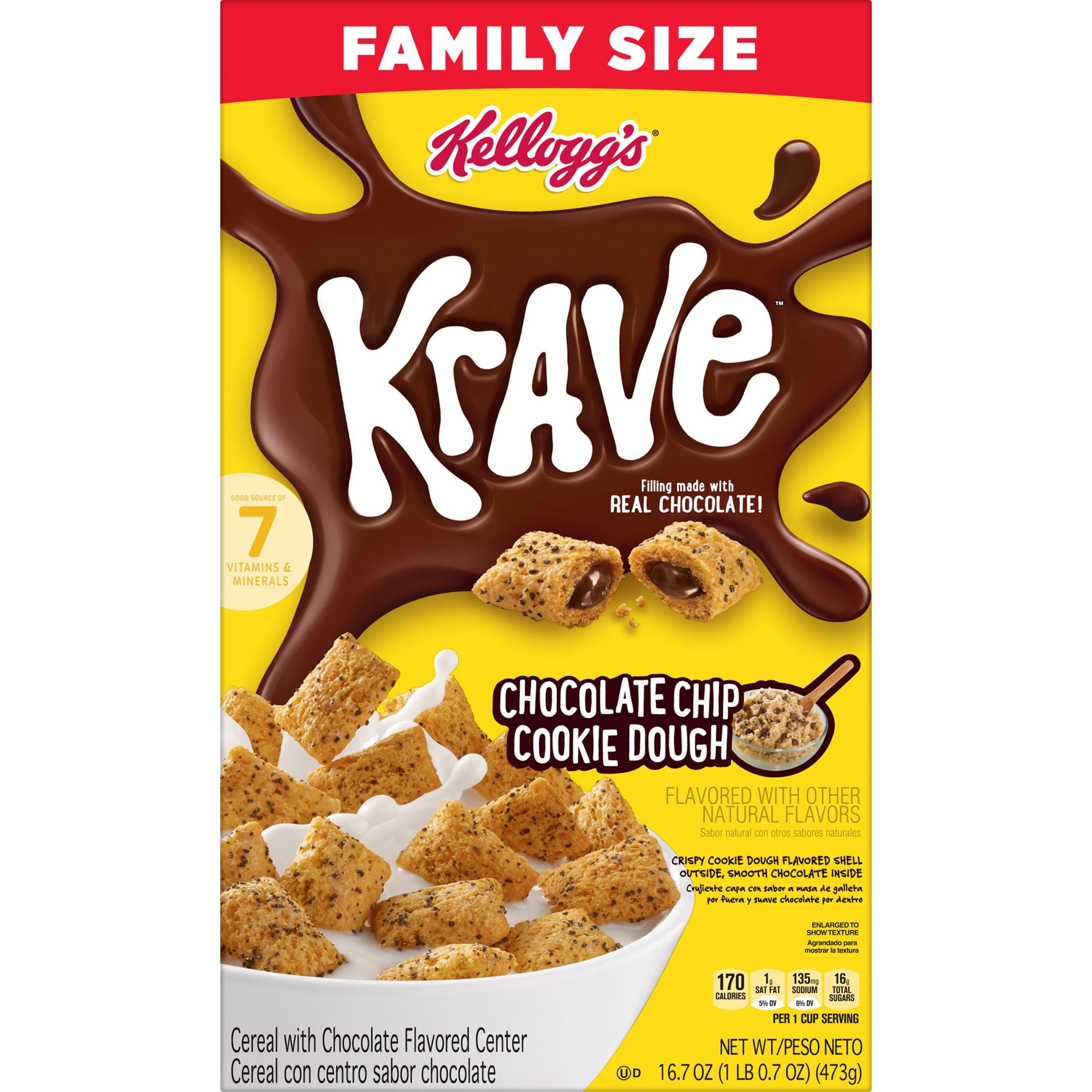 Kellogg's Krave Chocolate Chip Cookie Dough Cold Breakfast Cereal, Family Size, 16.7 oz Box