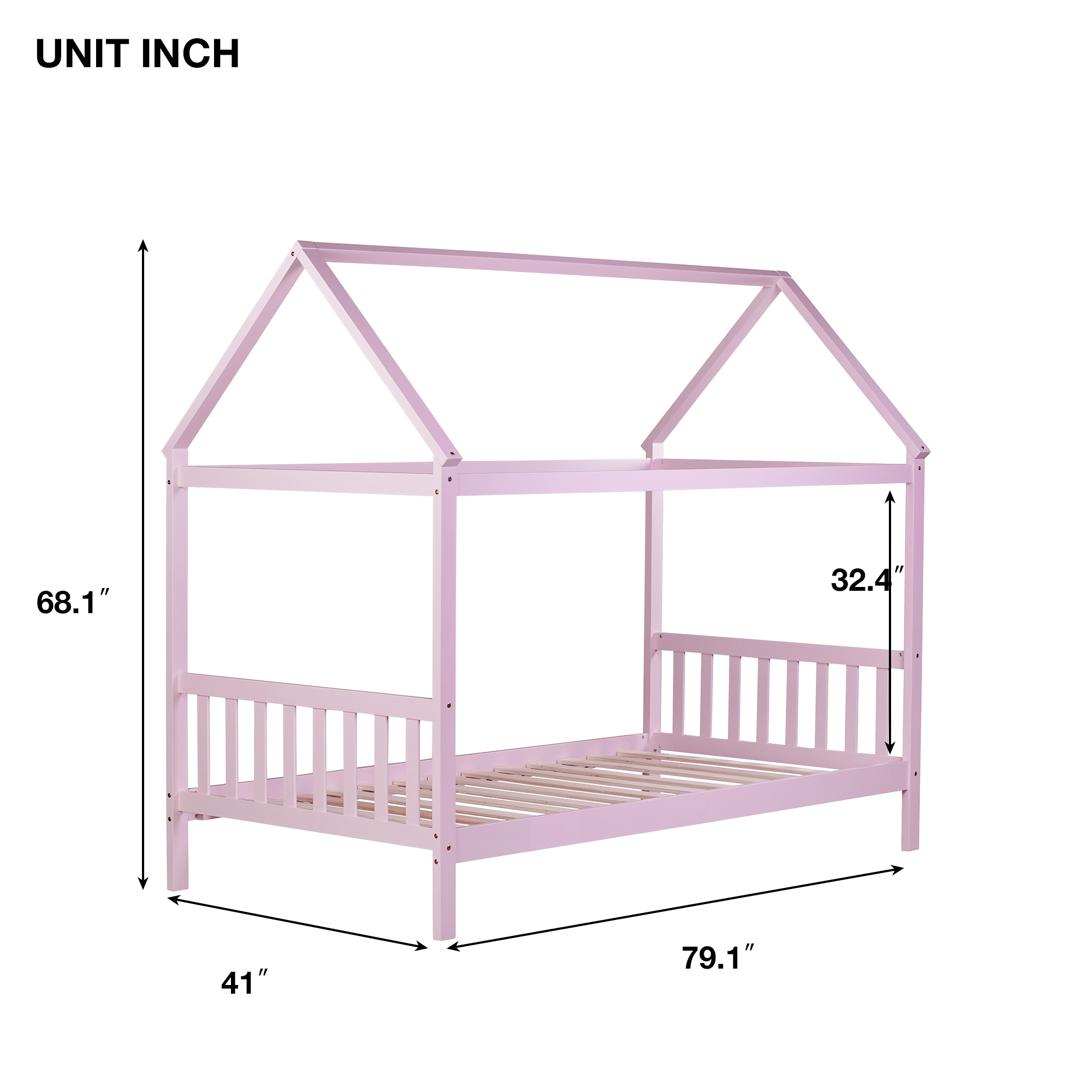 Miniyam Wood Twin Size Bed with House-shaped Design for Kids and Teens, Pink