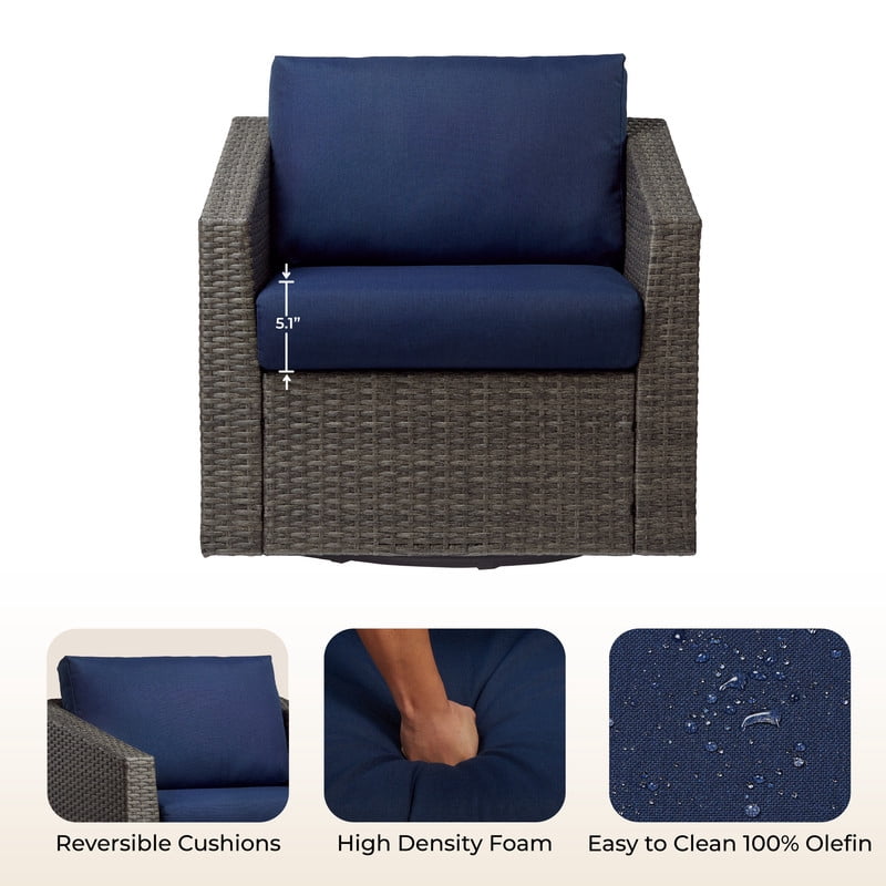 CHITA 2-Piece Outdoor Swivel Gray Wicker Chair with Cushion, Blue