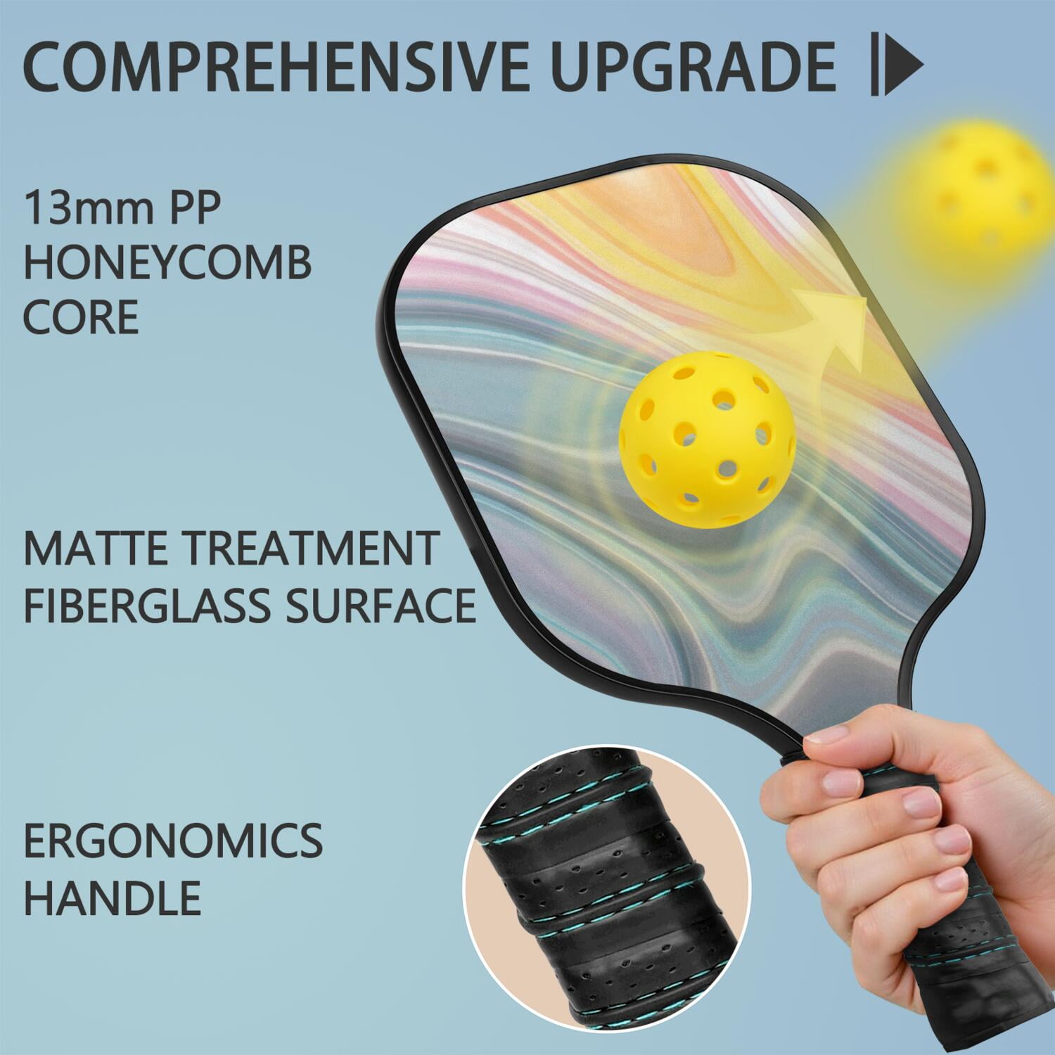 Pickleball Paddles Set Of 1, Fiberglass Surface, Liquid & Marble Print, 1 Paddles, 2 Balls & Bag