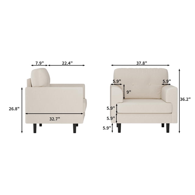 AKDSteel 38" Modern Single Sofa, Linen Upholstered Armrest Accent Chair With High-Density Foam For Living Room
