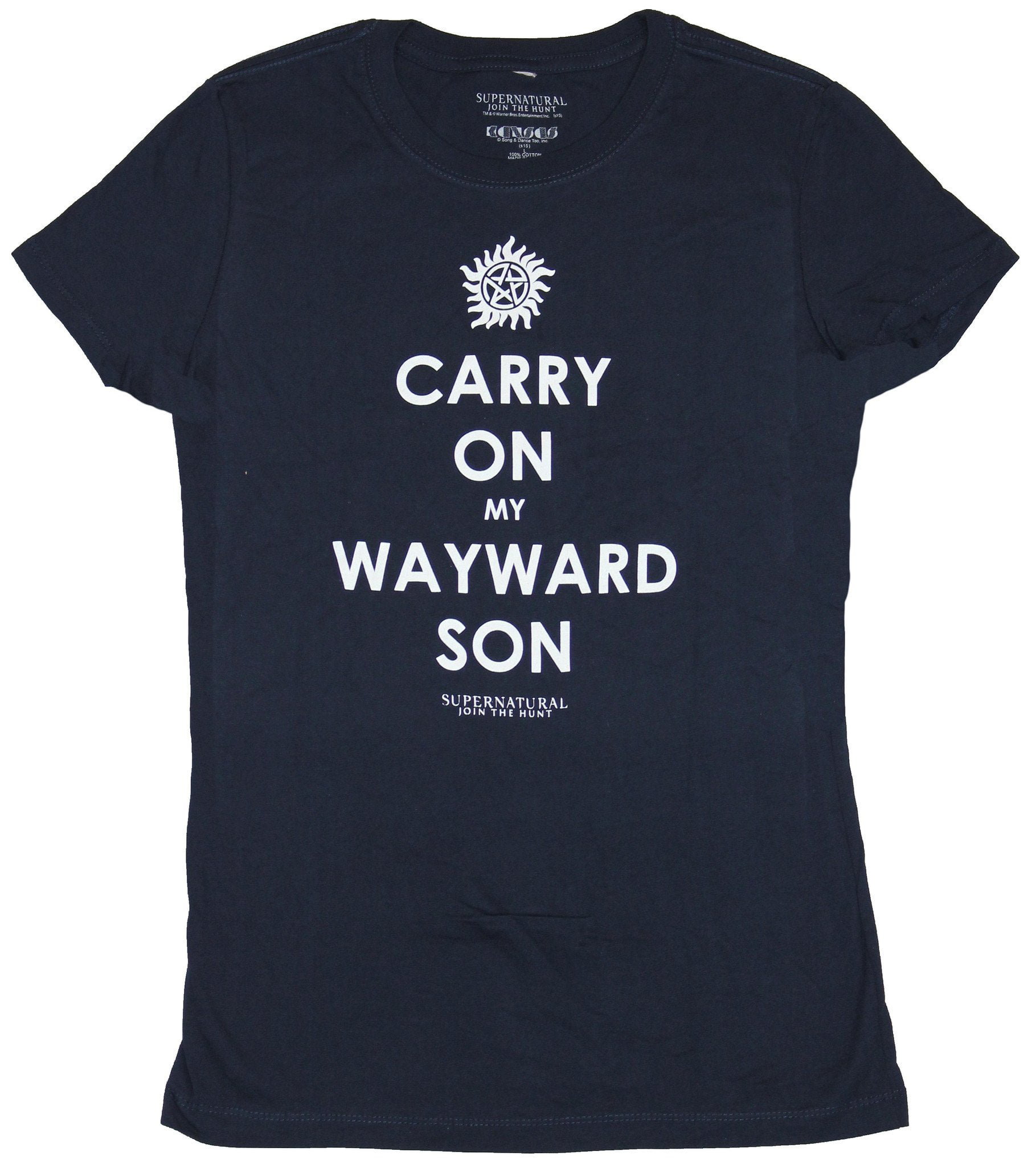 Supernatural Carry On My Wayward Son Juniors Black Graphic T-Shirt New 