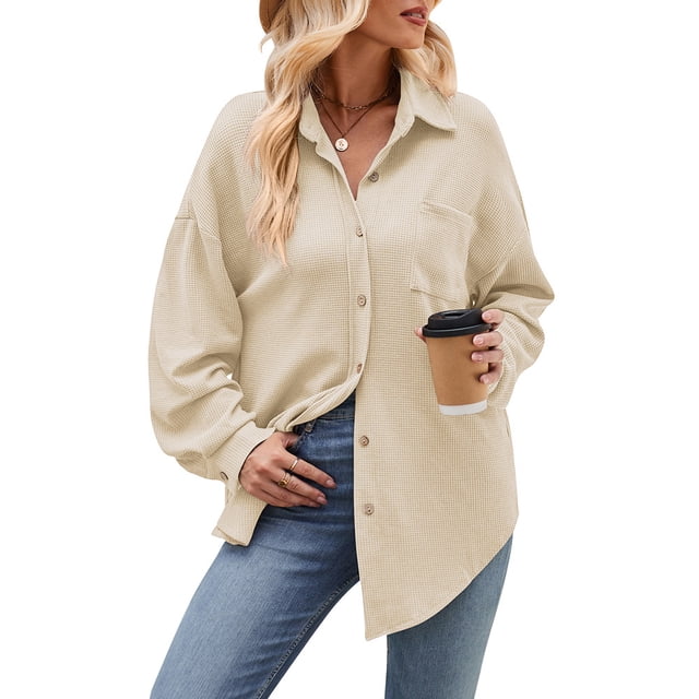 Camisa de mujer, blusas lisas, camisa de gofre, camisas elegantes, blusas con cuello en V, blusa túnica, blusa camisera de manga larga con botones, blusa camisera informal, festiva S-XXL