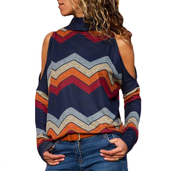 Blouse Mode Femme Col Haut Épaules Dénudées Manches Longues Haut d'Hiver