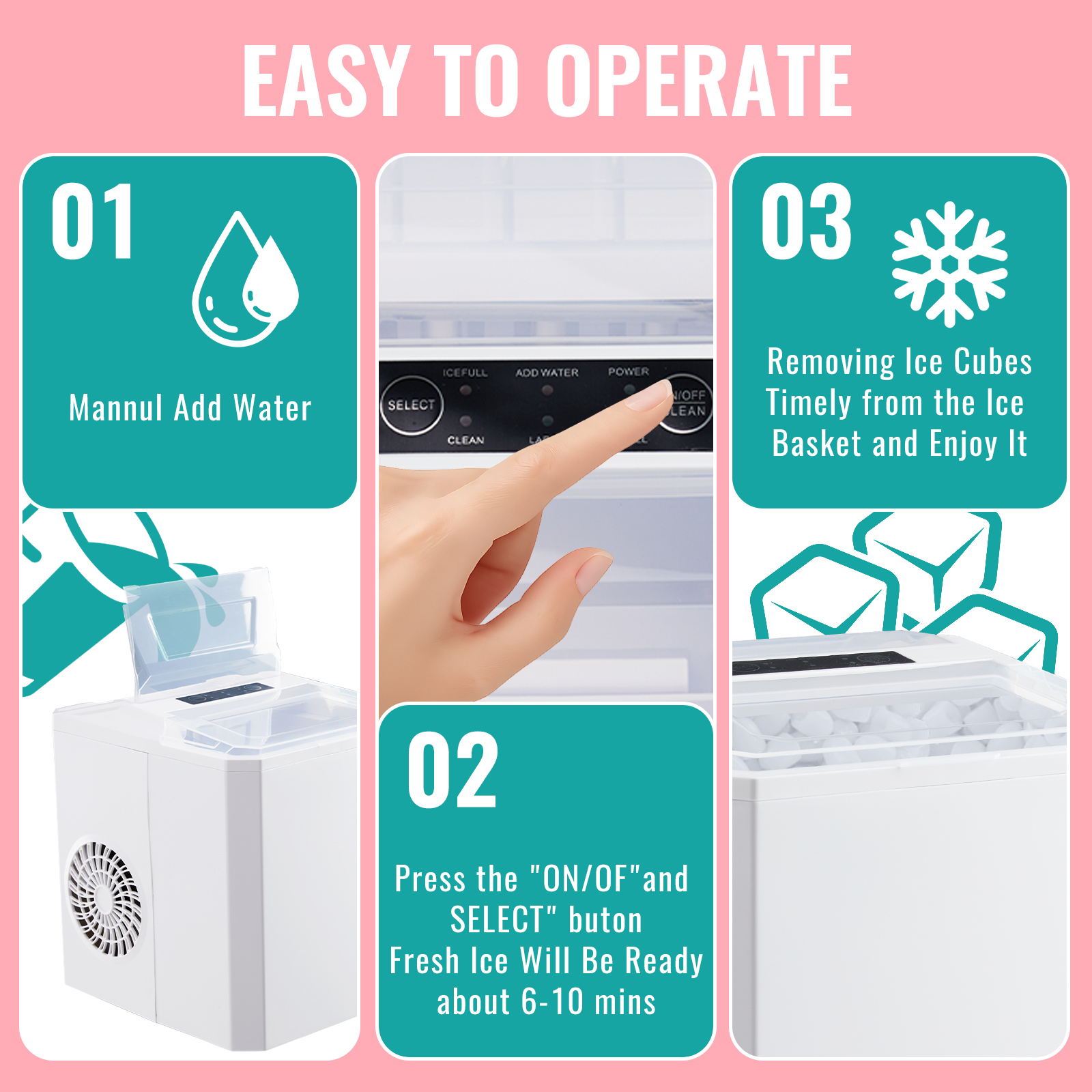 WANAI Ice Maker Countertop 26 lbs/24H 9 Ice Cubes Ready in 6-8 Minutes Small & Large Ice Cubes White