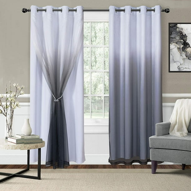 Mix Match Blackout And Sheer Ombre Curtains For Living Room Bedroom White Black 52 X 104 Inch Long Thermal Insulated Sun Light Blocking Grommet Curtain Panels Set Of 2 Com Light Blocking Grommet Curtain Panels, 104 Inch Wide Curtains