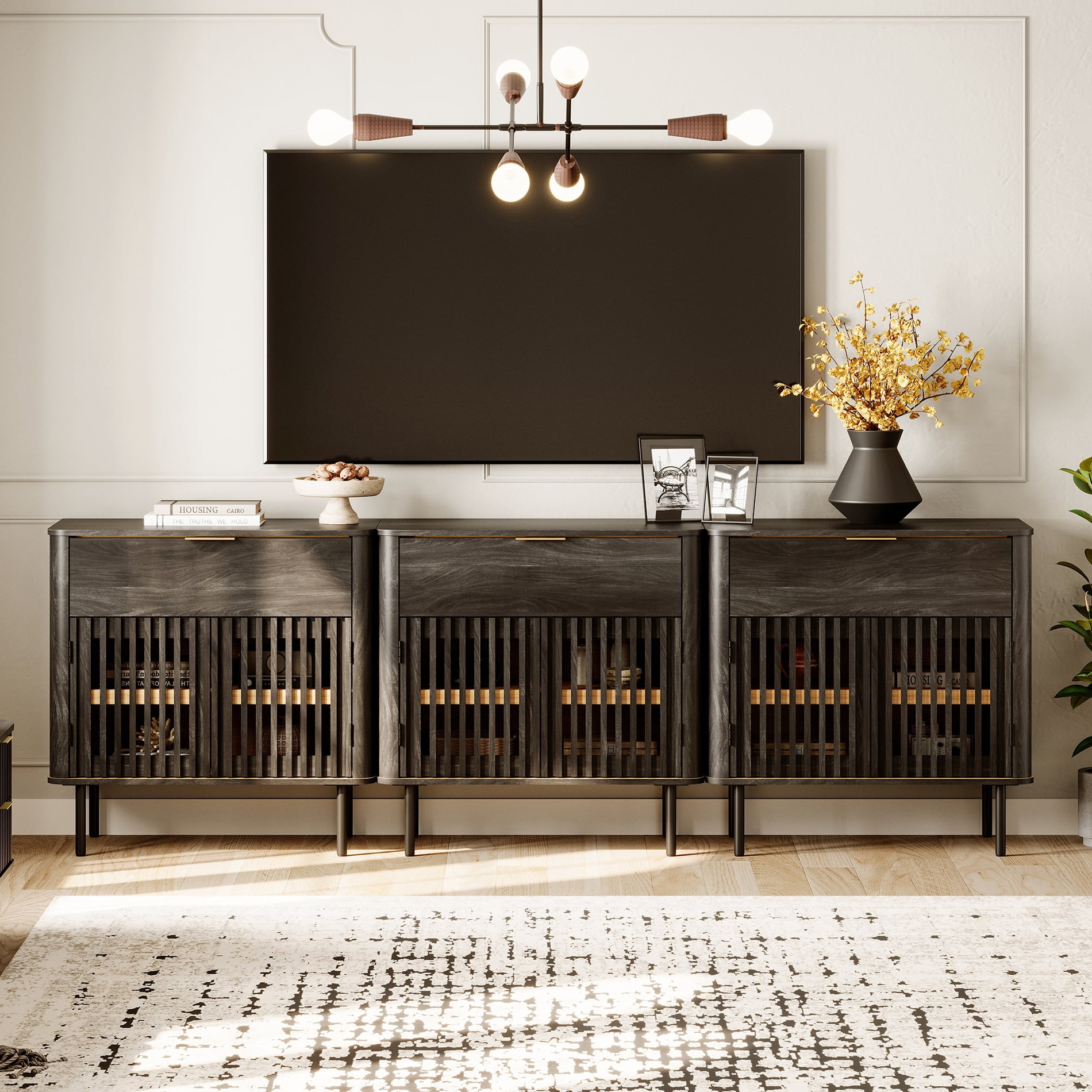 94.5" Sideboard Buffet Cabinet with Storage - Fluted Kitchen Credenza Cabinet with Pop-up Doors and Drawer, Black