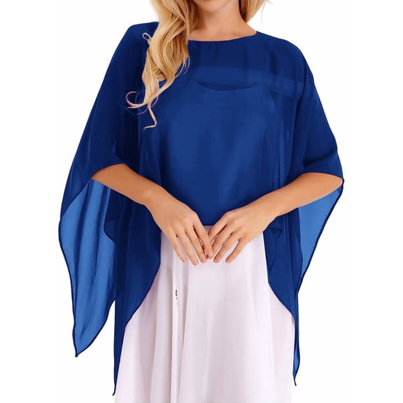 Women's Trendy Chiffon Capelet Batwing Sleeves Elegant Flowy Evening Wedding Shawl Wrap Sheer Mesh Asymmetric Hem Summer Sun Protection Cover Up Lightweight Beach Vacation Outfits, Blue One Size