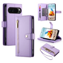for Google Pixel 9 Pro XL Case with Card Holder, Retro Premium PU Leather Shoulder Wrist Strap Zipper Kickstand Flip Cover Women Girl Wallet Phone Case for Google Pixel 9 Pro XL, Purple