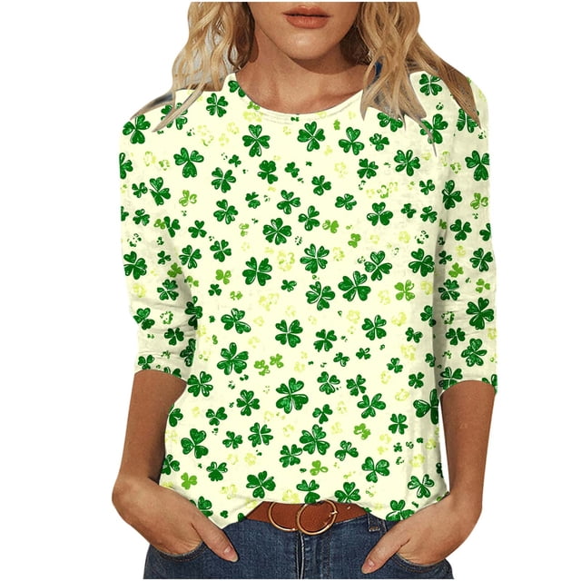 RXMEKW T-Shirt de la Saint-Patrick pour Femmes, Manches 3/4 Coupe Ample Décontractée avec Imprimé de Vacances, Col Rond