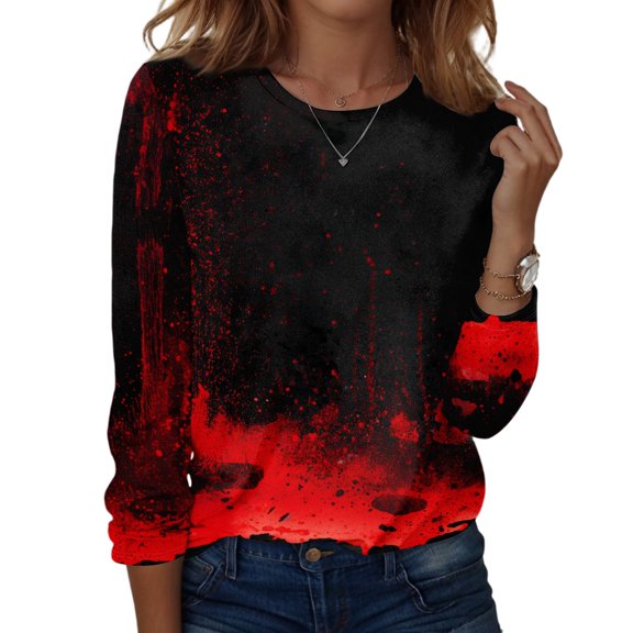 ASDFVBKG Holiday Party Oversized Casual Tops for Women, Halloween Crewneck Long Sleeve Shirts Blouse with Pumpkins Skull Prints Funny vibrant gathering apparel Red L