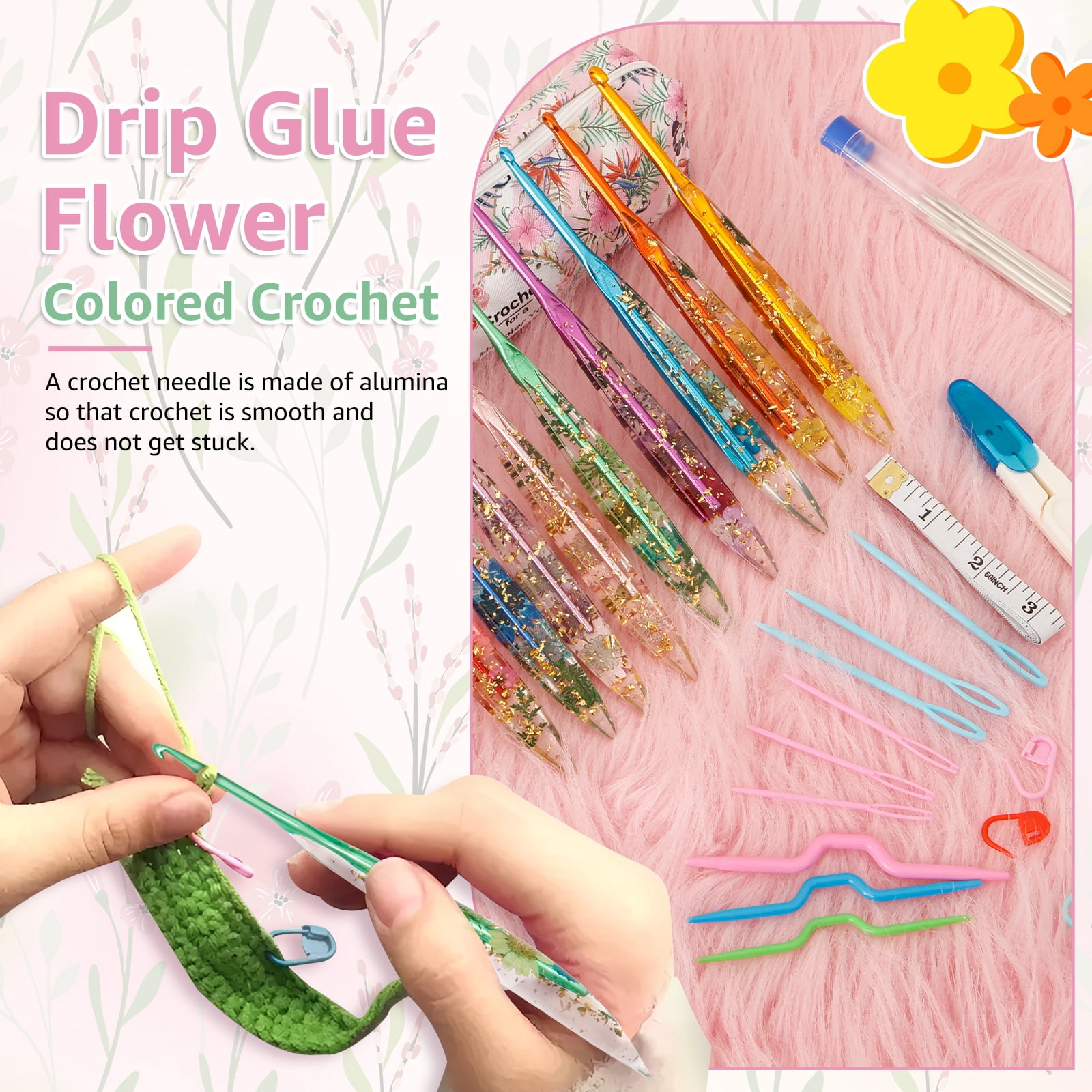 FYJUCPA Crochet Hook Set, 9PCS Ergonomic Hooks with Floral Resin Grip & Storage Bag, for Blanket Doll Shawl Hat Scarf Crocheting, Great Gift