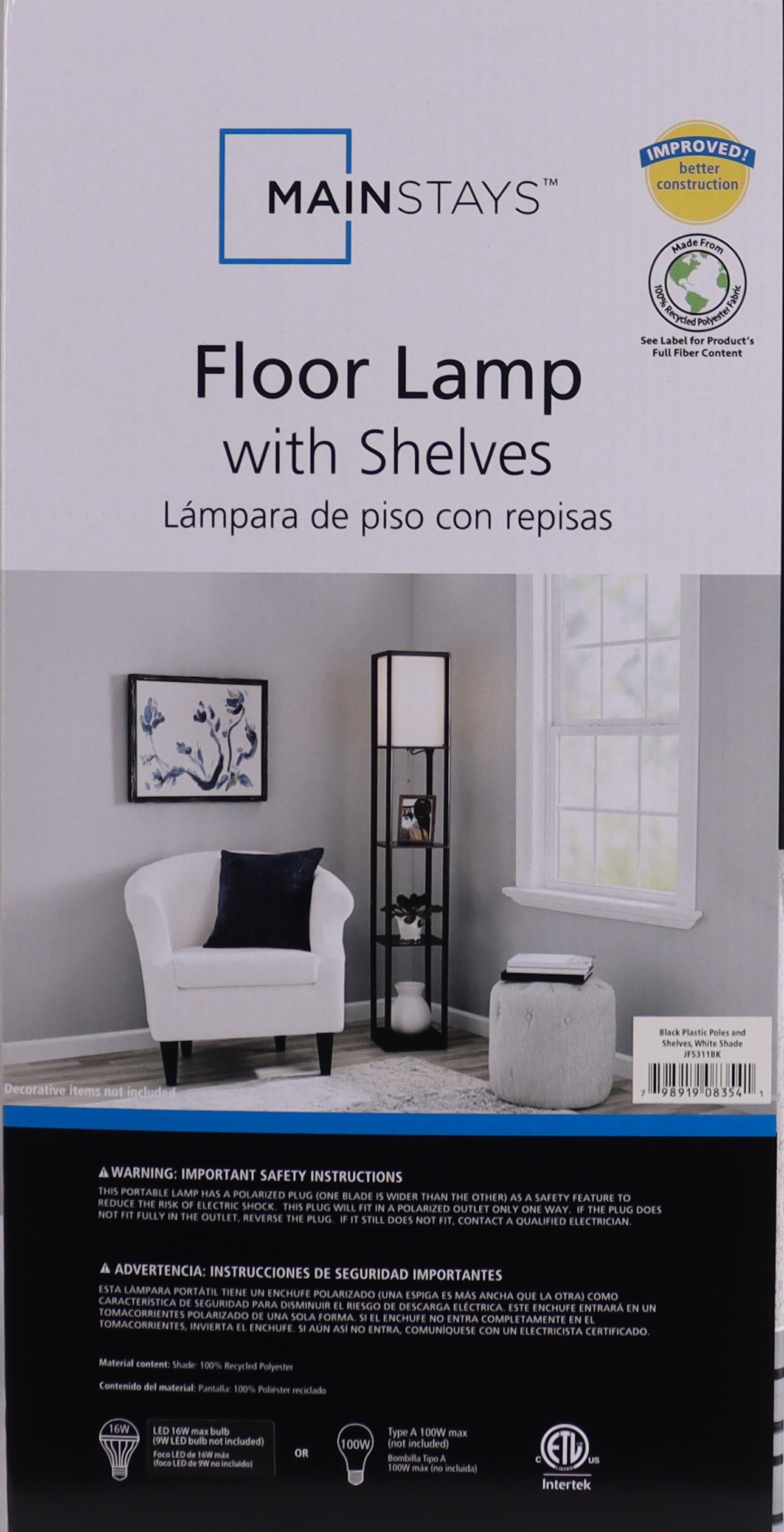 Mainstays 62-Inch Floor Lamp with Shelves, Black photo 7