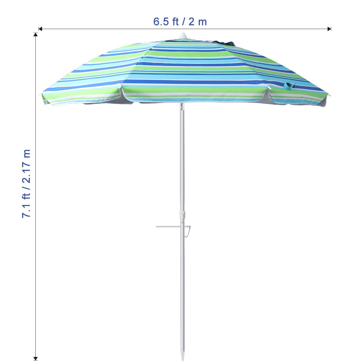 MOVTOTOP 6.5 Feet Striped Beach Umbrella UV Protection with Tilt and Telescoping Pole Adjustable Sand Umbrella with Sand Anchor and Carry Bag (Blue and Green) - image 4 of 8
