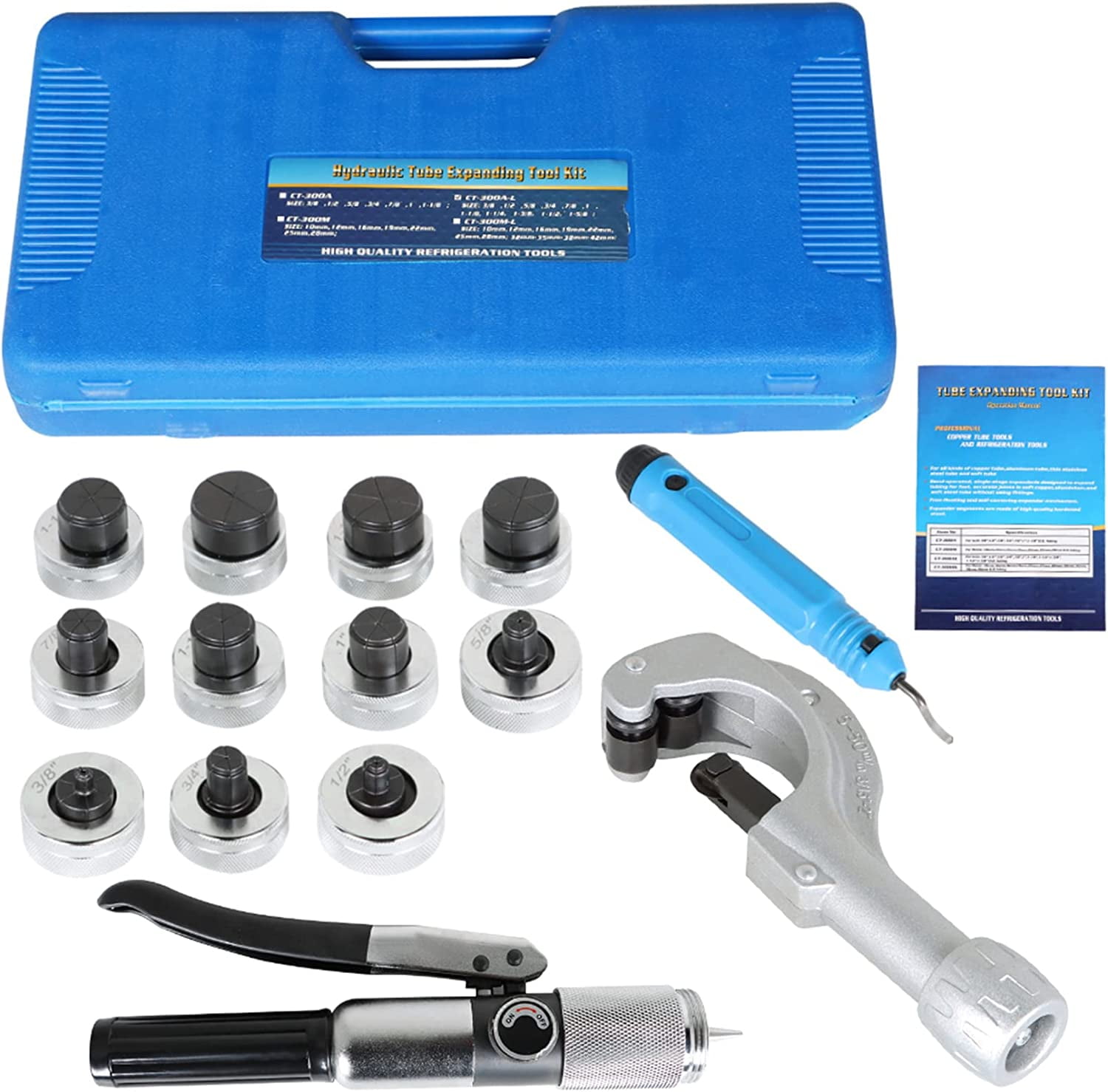 Hydraulic Tube Expander Tool HVAC Swaging Kit with Tube Cutter and 11 Tube Expander Head 3/8, 1/2, 5/8, 3/4, 7/8, 1, 1-1/8, 1-1/4, 1-3/8, 1-1/2, 1-5/8 Inch