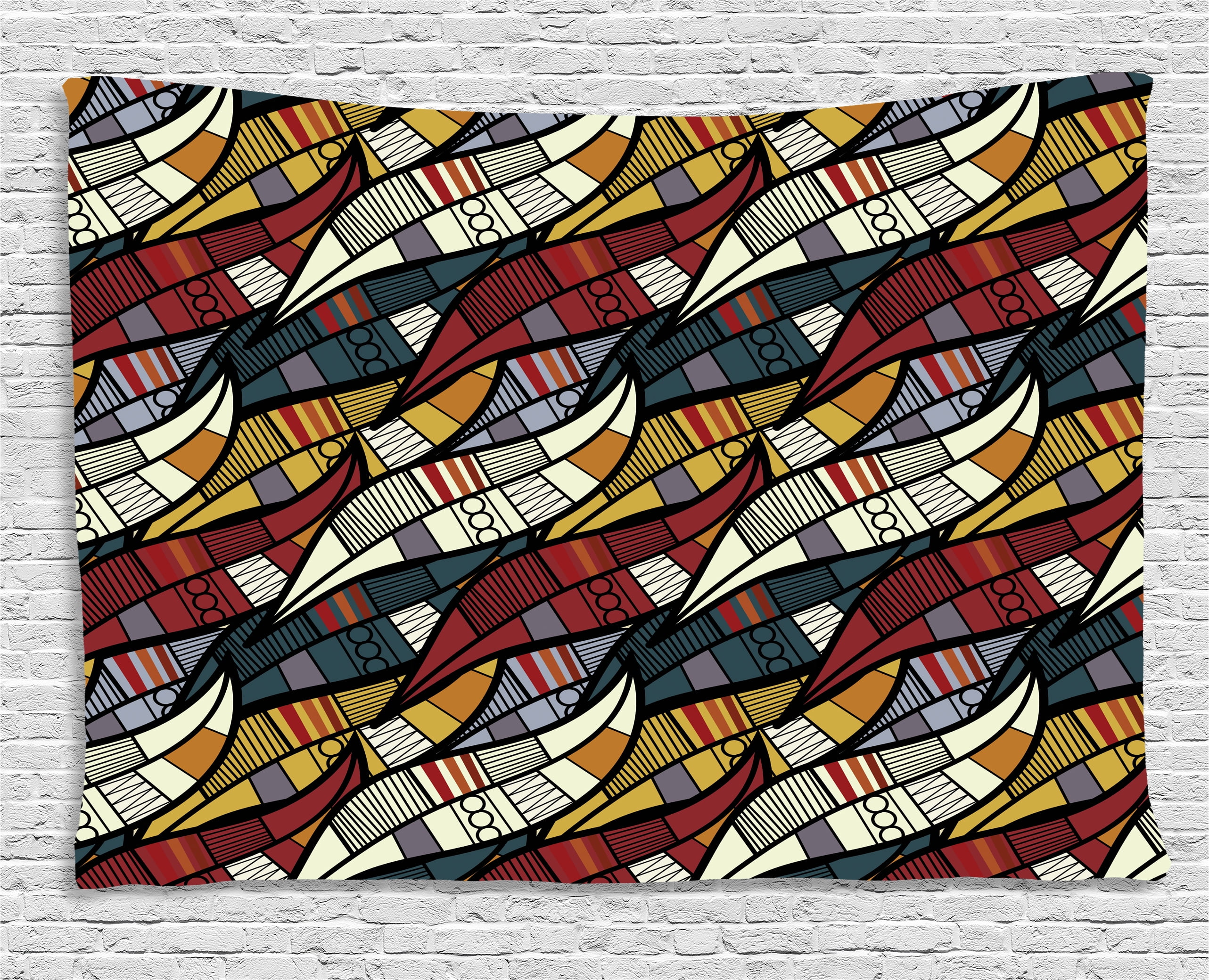 African Tapestry, Diagonal Abstract Leaves with Circles Chevrons Lines Traditional Cultural 