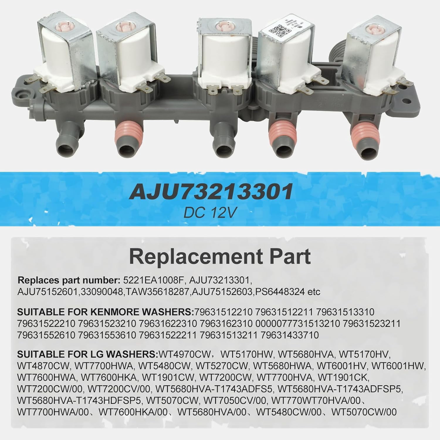 RVKXHD AJU73213301 AJU75152601 5221EA1008F Washer Water Inlet Valve (OEM part), 2025 UPGRADED water valve replaces for Kenmore LG washing machines wt7200cw,79631522211, wt4801cw,wt1201cw (8.7 Inch)