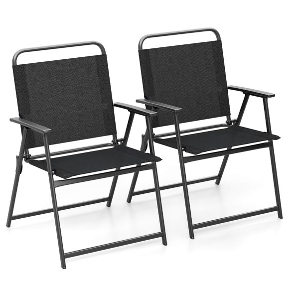 Costway Folding Patio Chairs Set of 2 with Backrest and Armrests Camping Beach Chairs Black