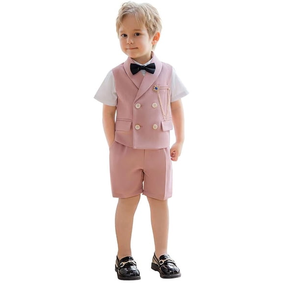 ETHAN Boys Suit Formal Toddler Suits for Boy 4 Pieces Summer Slim Fit Suit Kids Tuxedo Wedding Vest Shorts Set Pink 2T