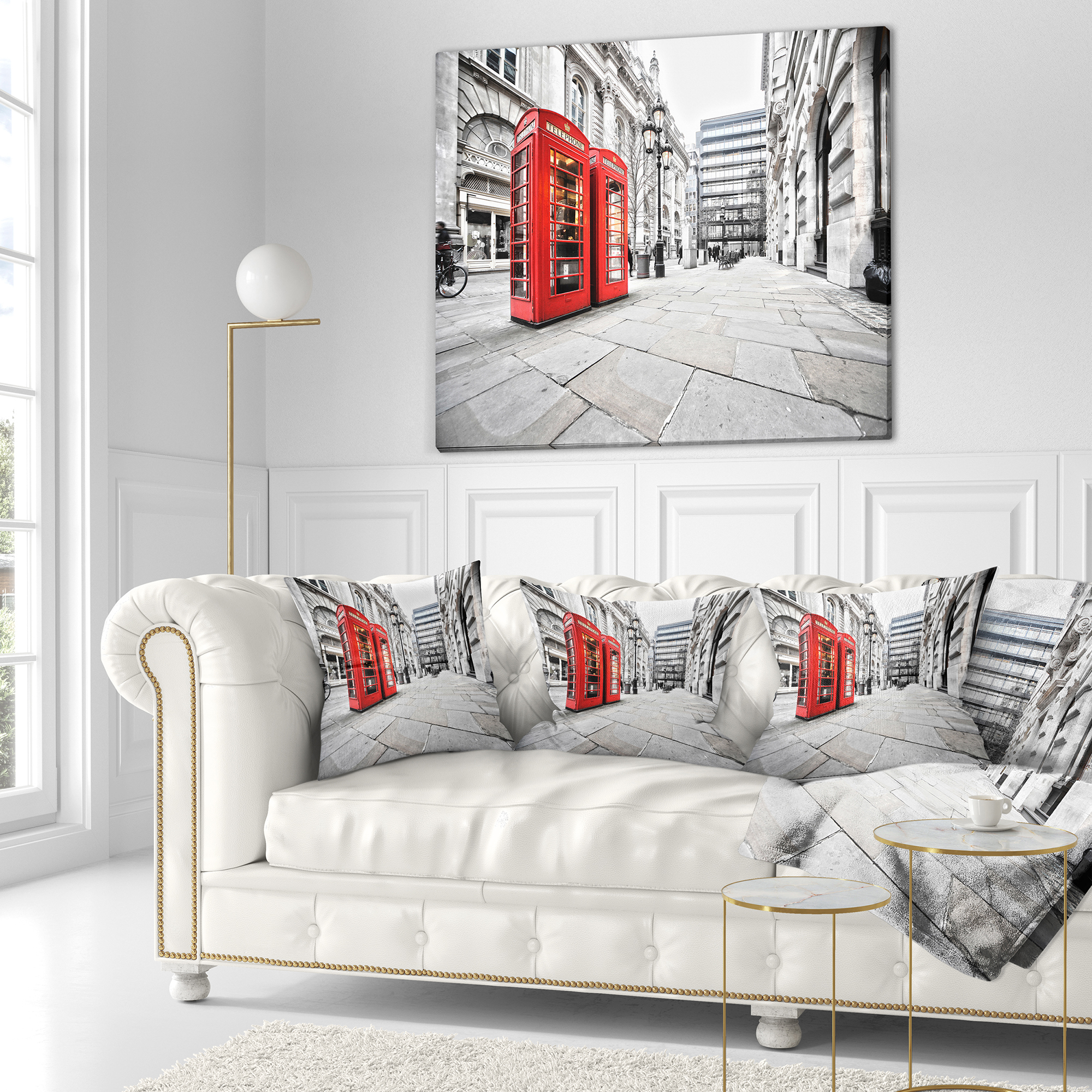 Designart Phone Booths on Street - Cityscape Throw Pillow - 18x18