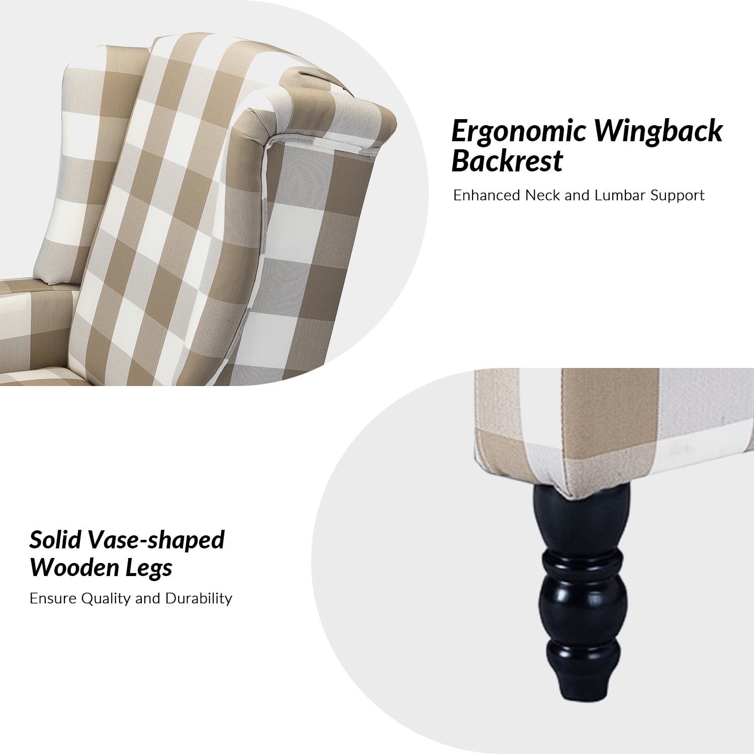 Recliners Chairs Set of 2 Push Back Upholstered Wingback Traditional Fabric Living Room Plaid Beige
