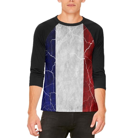 Distressed French Flag Mens Raglan T Shirt White-Black X-LG