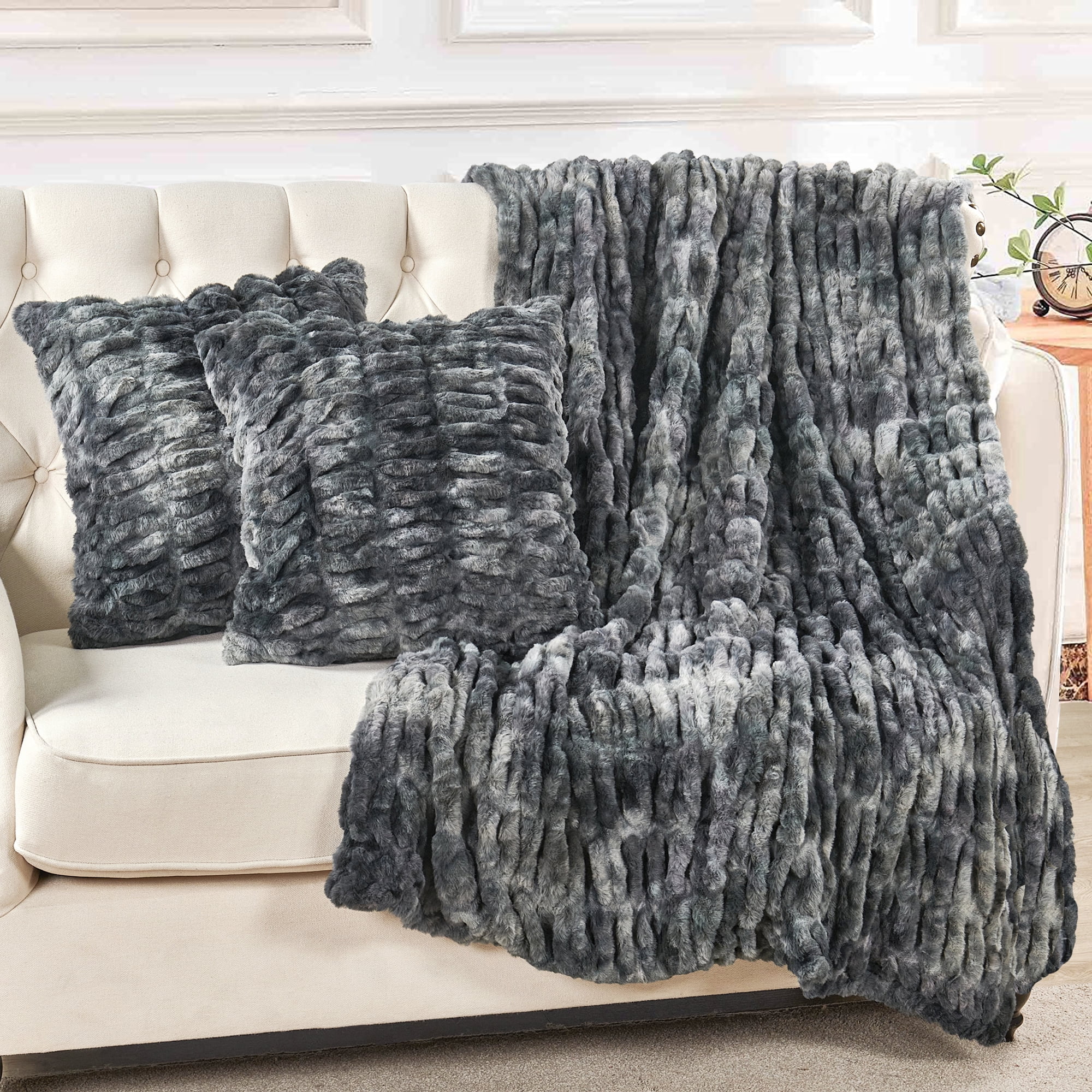 Home Soft Things Faux Fur Shar Pei Throw & Pillow Cover Combo - Meteorite - 50" x 60"/20" x 20"